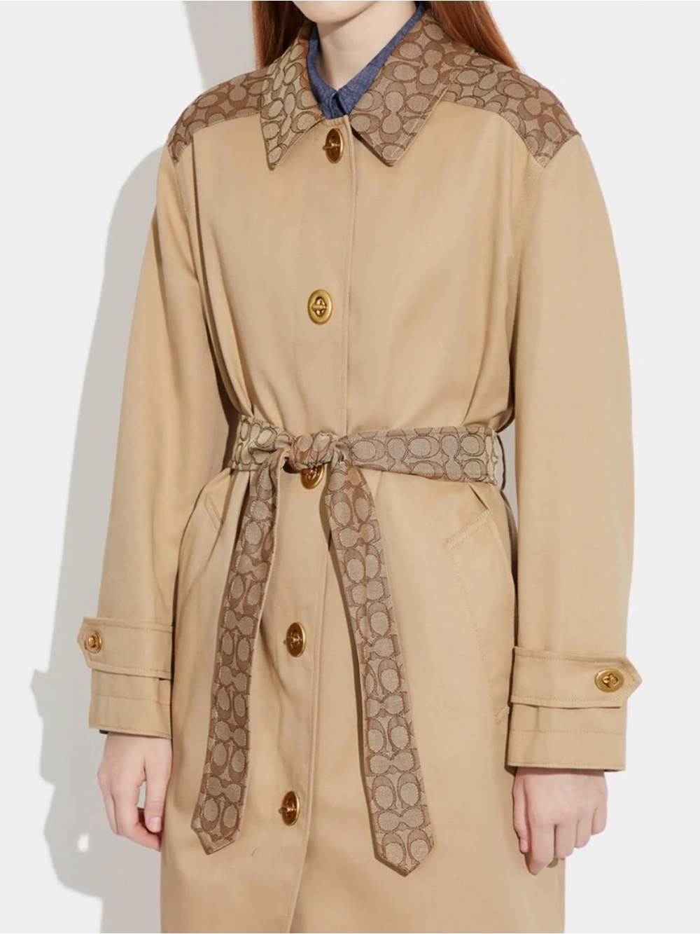 Coach Beige Trench Coat with Signature Jacquard Trim